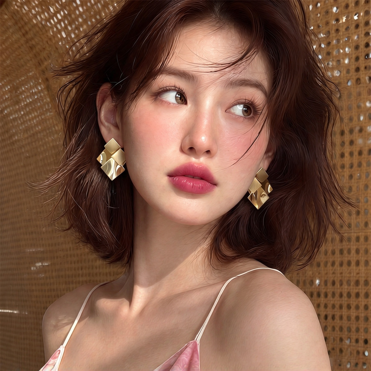 【グッズ】韓国風多層折り菱形ピアス レディース レトロ モード 個性的 大ぶり 上品