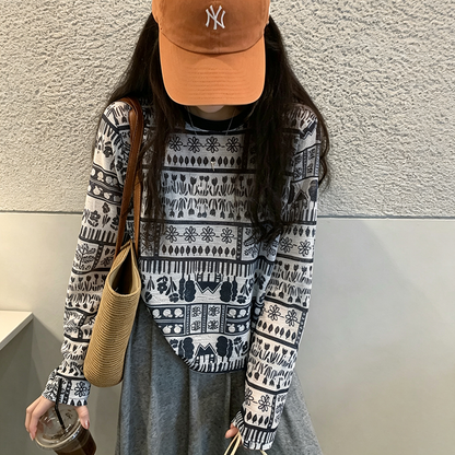 【トップス】総柄プリントロンT レディース 薄手 長袖 UV対策 クルーネック 春夏Ｔシャツ【JZシリーズ】