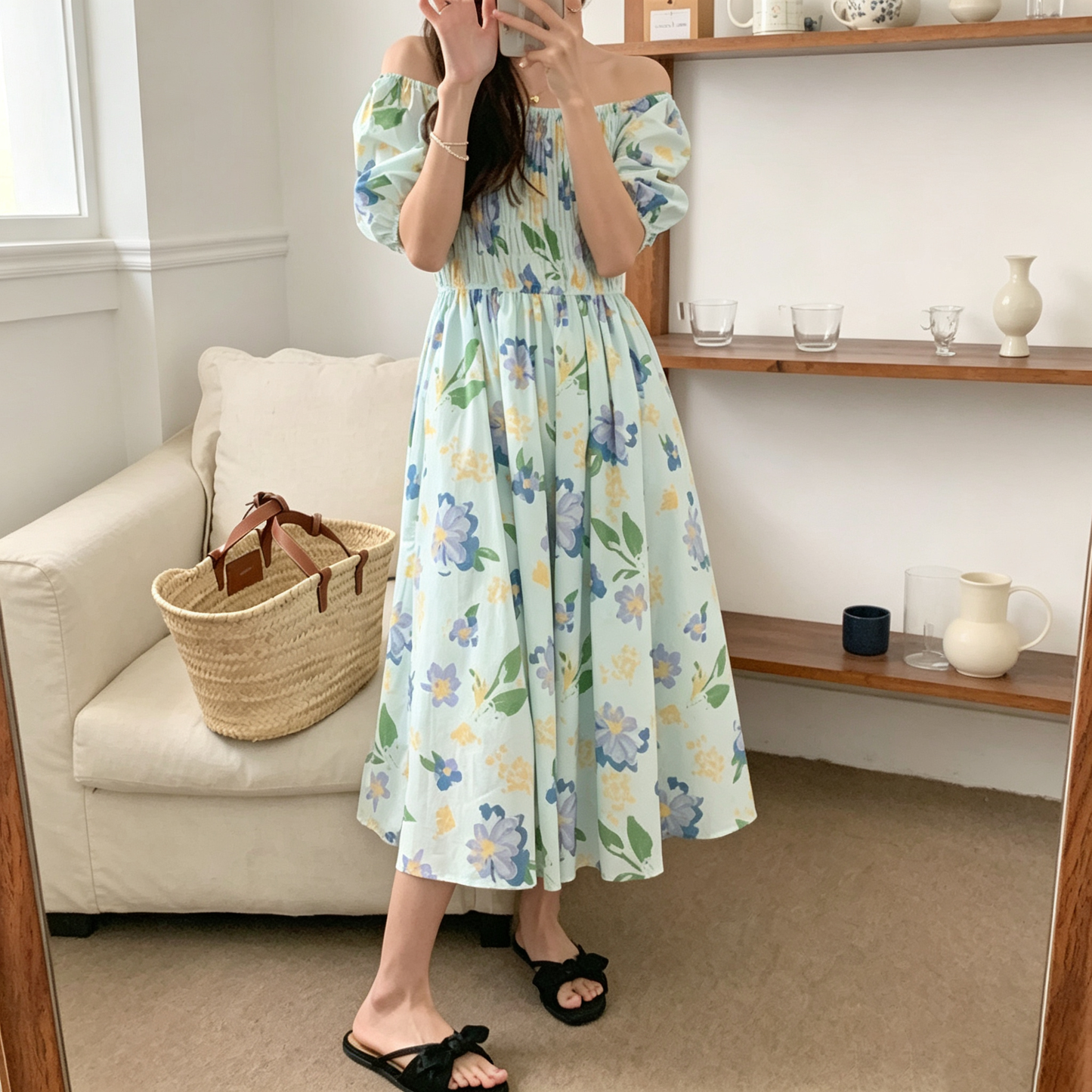 【ワンピース】大人フェミニン 花柄オフショルワンピース レディース 2WAY着用 パフ袖 くしゅくしゅデザイン 細見え 夏コーデ【SHシリーズ】