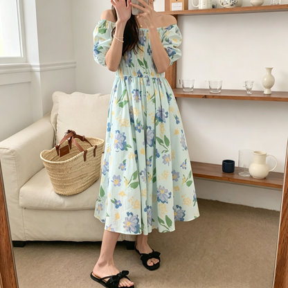 【ワンピース】大人フェミニン 花柄オフショルワンピース レディース 2WAY着用 パフ袖 くしゅくしゅデザイン 細見え 夏コーデ【SHシリーズ】