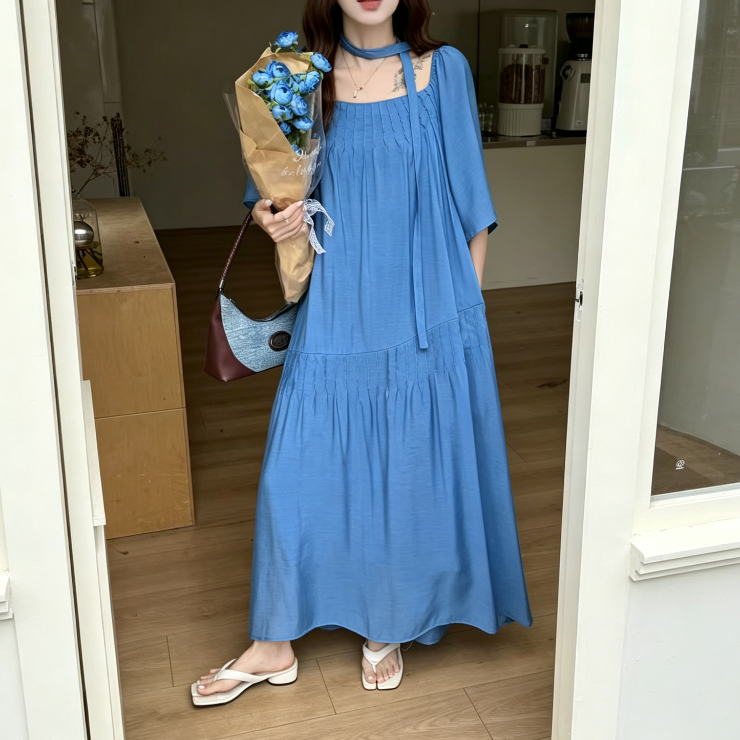 【ワンピース】韓国風 半袖 オフショルワンピース レディース ロング丈 ゆったり ウエストリボン 大きいサイズ【JZシリーズ】