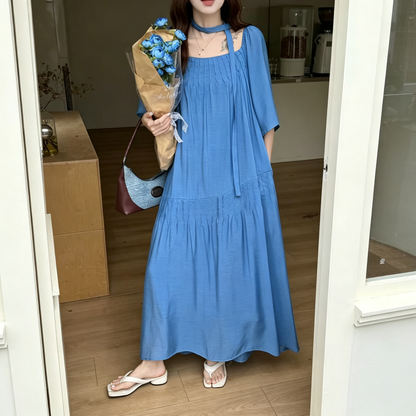 【ワンピース】韓国風 半袖 オフショルワンピース レディース ロング丈 ゆったり ウエストリボン 大きいサイズ【JZシリーズ】