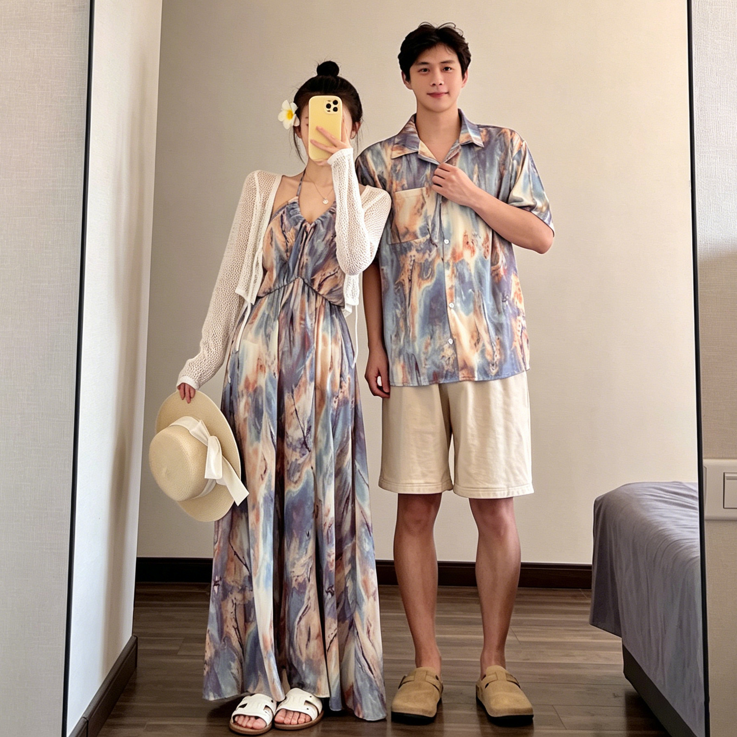 💕カップルコーデ【ワンピース】海辺リゾート風 ホルターネック キャミワンピース＆シャツ ノースリーブ おしゃれワンピース ペアルック【SHシリーズ】