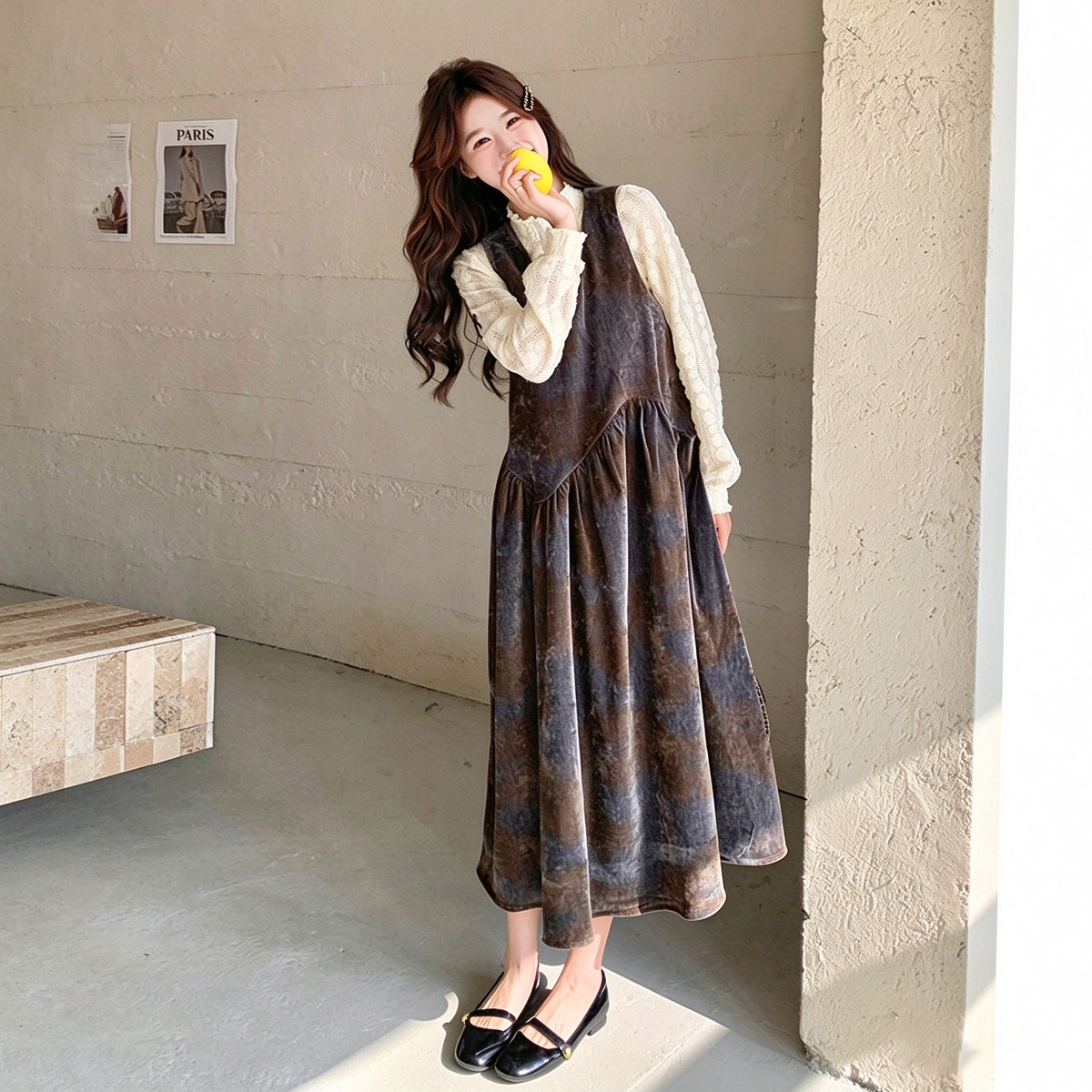 2点セット！【セットアップ】韓国風タイダイ柄ベロアワンピースセット レディース 初秋新作 ノースリーブ 2点セット 上品【SHシリーズ】