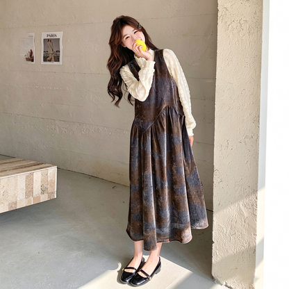 2点セット！【セットアップ】韓国風タイダイ柄ベロアワンピースセット レディース 初秋新作 ノースリーブ 2点セット 上品【SHシリーズ】