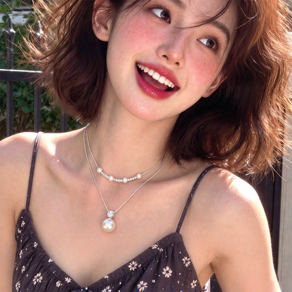 【グッズ】大粒パールペンダント2連ネックレス レディース 韓国風 フレンチ風 ジルコニア 小粒ビーズ 上品