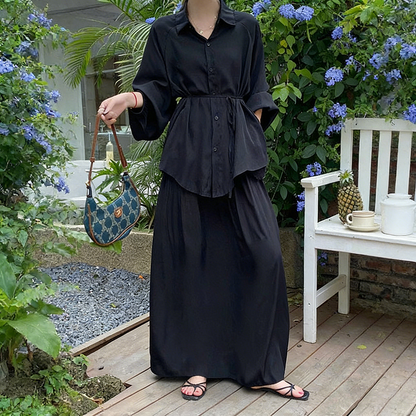 2点セット！【セットアップ】春新作 韓国風 大きいサイズ レディース ゆったりシルエット ウエストリボン シャツ+スカート 上下セット【JZシリーズ】