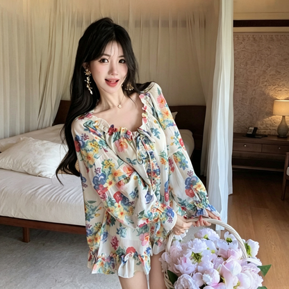 【トップス】レトロ花柄シフォンシャツ レディース オフショルダー ドローストリング ゆったり夏トップス【SHシリーズ】