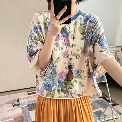 【トップス】レトロ花柄Tシャツ レディース 夏 半袖 ヴィンテージ風 ウォッシュ加工 ゆるトップス 大人カジュアル【JZシリーズ】