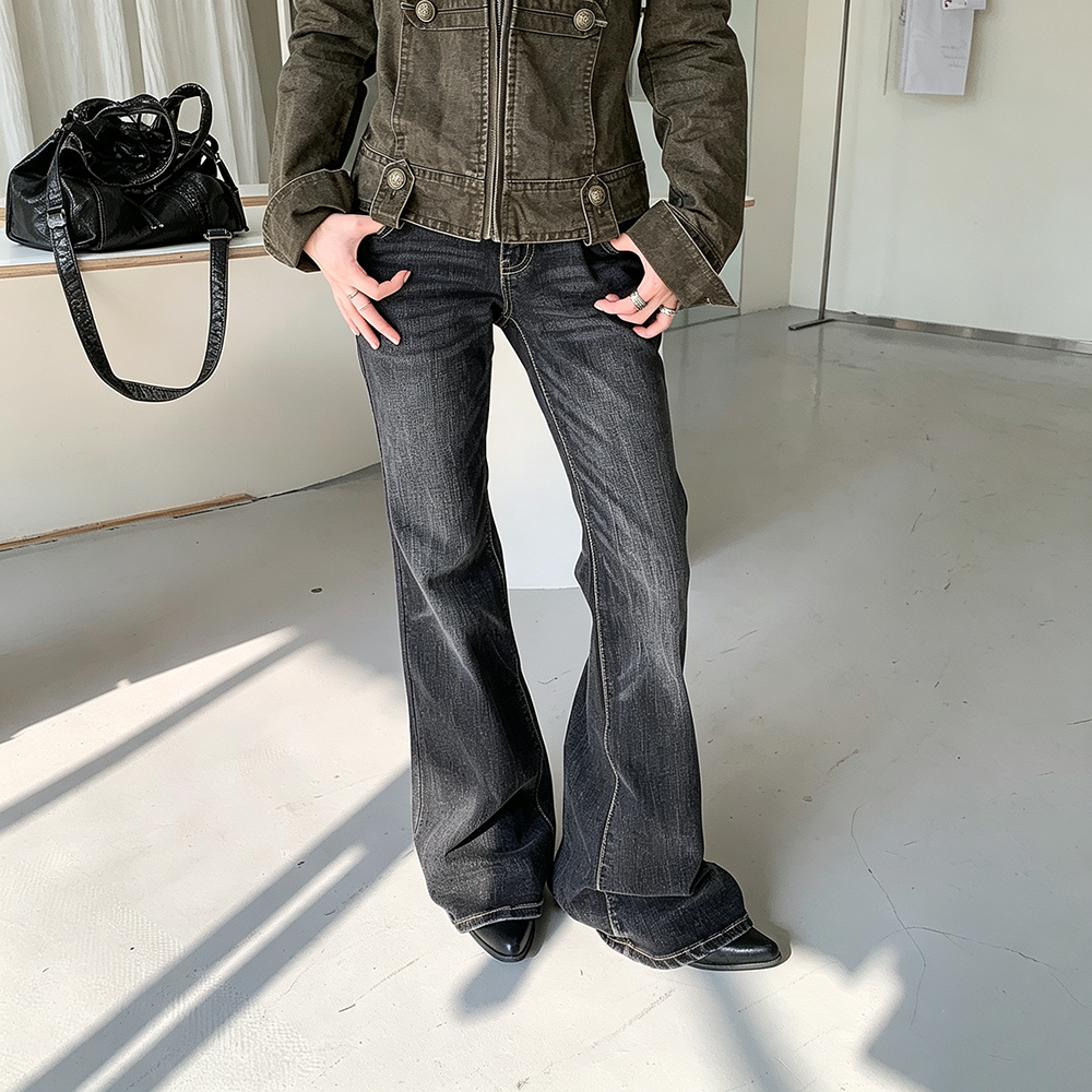 【ボトムス】ウォッシュ加工フレアデニム レディース 春秋新作 ブラック ヴィンテージ風 美脚見え【FCシリーズ】