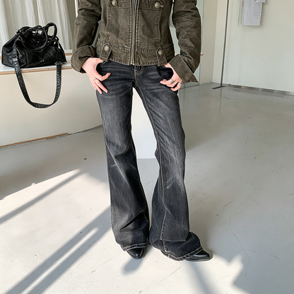 【ボトムス】ウォッシュ加工フレアデニム レディース 春秋新作 ブラック ヴィンテージ風 美脚見え【FCシリーズ】