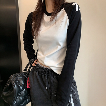 【トップス】配色切替ショート丈長袖Tシャツ レディース 初秋 ミニマル きれいめ【FCシリーズ】