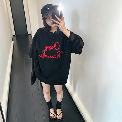 【トップス】Tシャツ レディース レイヤード風 メッシュ切替 長袖 クルーネック シアー素材 モード カジュアル【FCシリーズ】