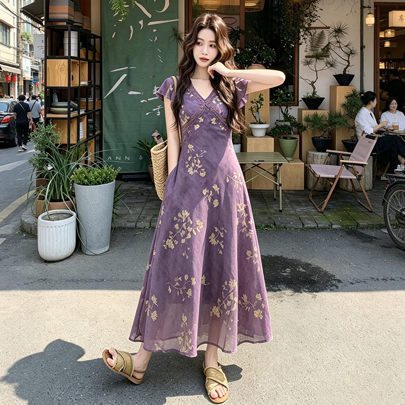 紫色碎花V領連身裙｜荷葉邊修身長裙【SH系列】