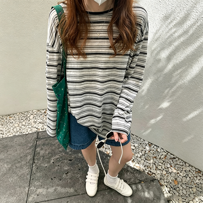 【トップス】バックオープンボーダーロンT レディース 紐付き ゆったり UV対策 春夏Ｔシャツ【JZシリーズ】