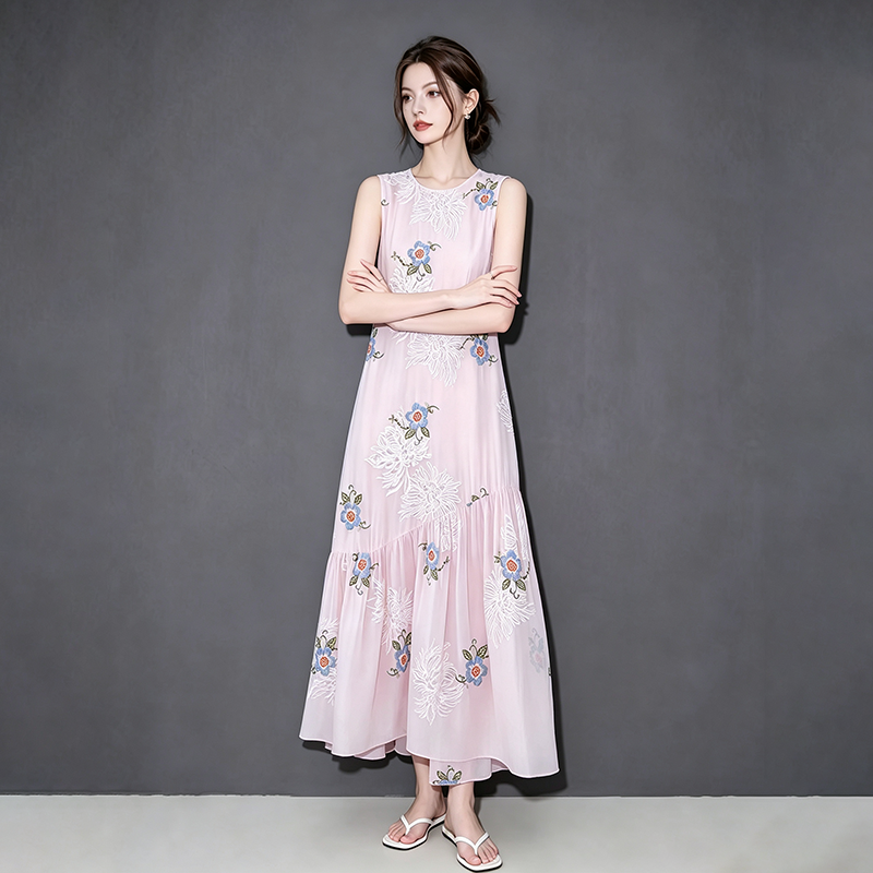 【ワンピース】ピンク花刺繍ノースリーブワンピース レディース リゾート風 ロング丈 フラワーデザイン 夏ワンピース【SHシリーズ】【30~35日内発送】