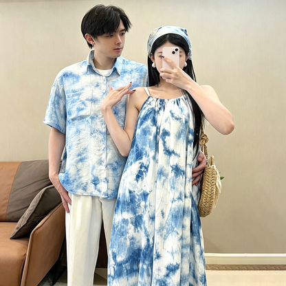 💕カップルコーデ【ワンピース】夏新作 リゾート風 タイダイ染め ペアルック ワンピース＆シャツ ビーチ ノースリーブ 個性デザイン ペアルック【SHシリーズ】
