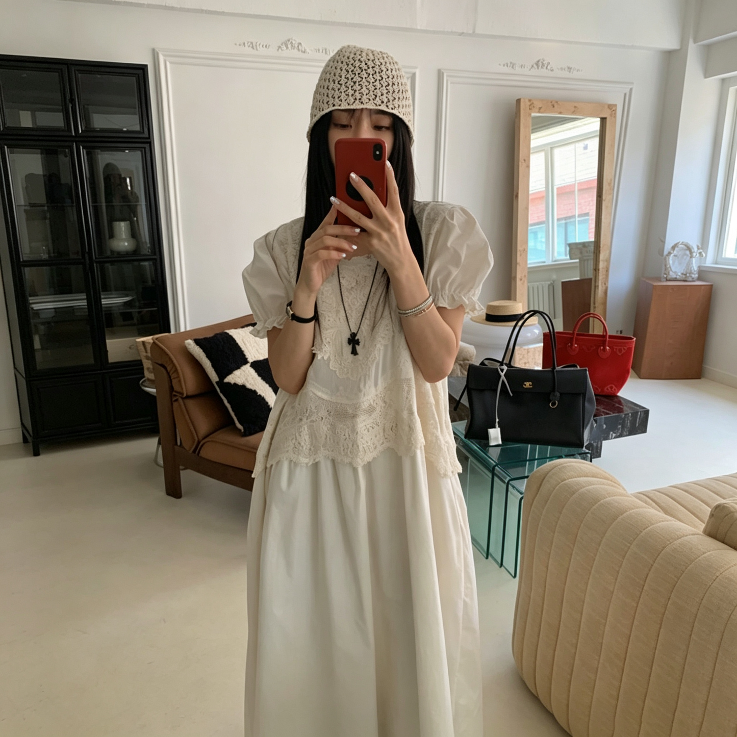 【ワンピース】レトロ レース切替パフスリーブワンピース レディース 高見え ゆったり 着痩せ ロング丈 夏ワンピース【JZシリーズ】