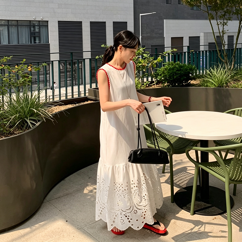 【ワンピース】韓国風 配色レース切替ワンピース レディース 透かしデザイン パイピング 大人可愛い 夏ワンピース【JZシリーズ】