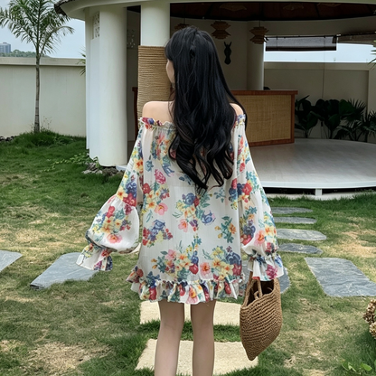 【トップス】レトロ花柄シフォンシャツ レディース オフショルダー ドローストリング ゆったり夏トップス【SHシリーズ】