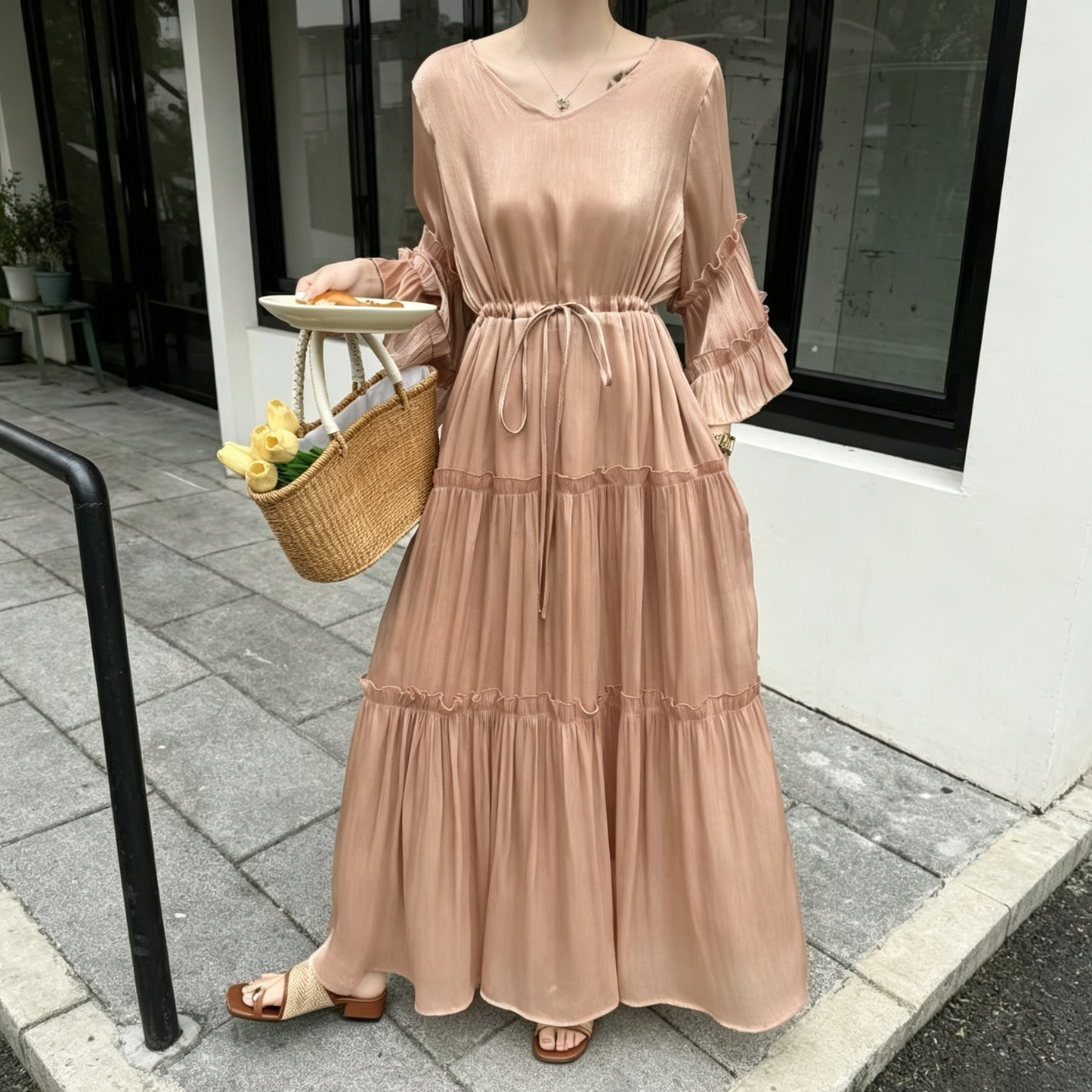 【ワンピース】体型カバー ワンピース レディース パープル ロング丈 ゆったり ウエストマーク 大きいサイズ【JZシリーズ】