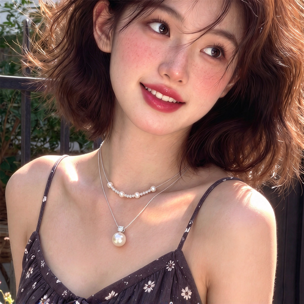 【グッズ】大粒パールペンダント2連ネックレス レディース 韓国風 フレンチ風 ジルコニア 小粒ビーズ 上品