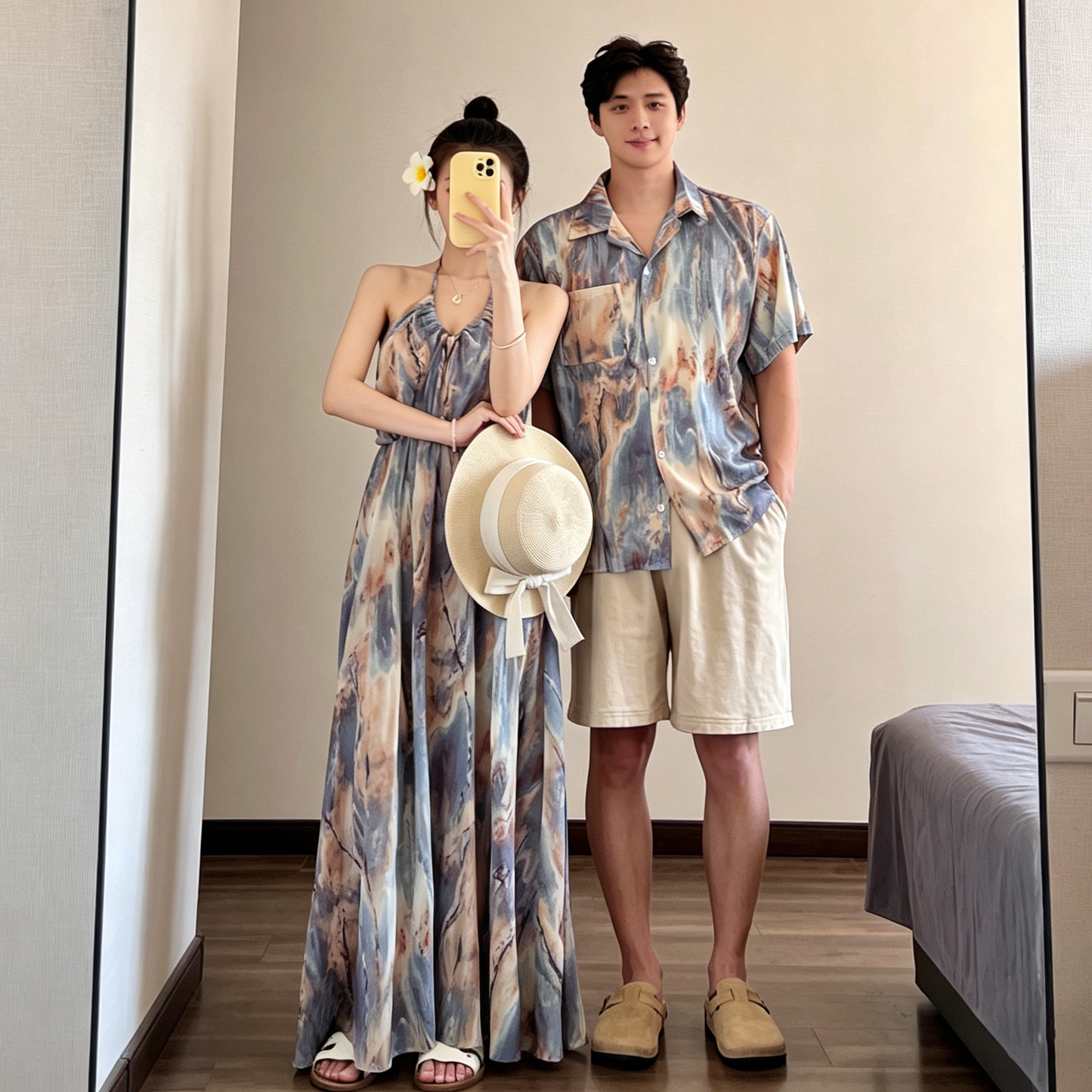 💕カップルコーデ【ワンピース】海辺リゾート風 ホルターネック キャミワンピース＆シャツ ノースリーブ おしゃれワンピース ペアルック【SHシリーズ】