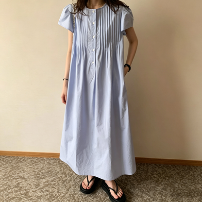 【ワンピース】フレンチガーリー 半袖ワンピース レディース フロントボタン プリーツデザイン リラックス感 大人可愛い 夏服【JZシリーズ】