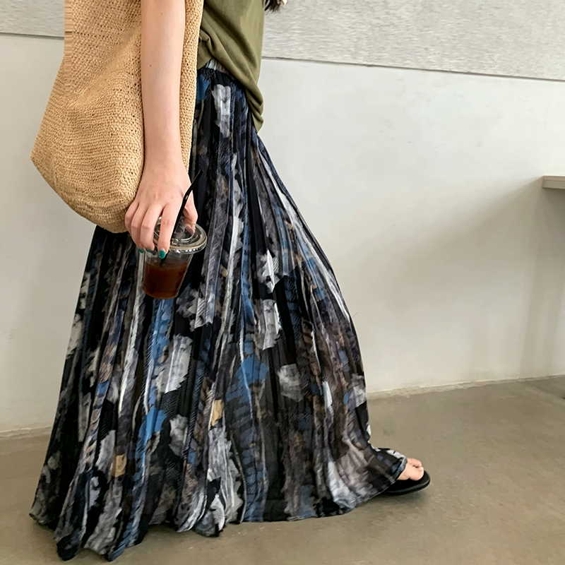 【ボトムス】水彩風プリントスカート レディース ロング丈 ボリュームフレア 落ち感素材 体型カバー【SHシリーズ】
