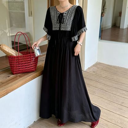 【ワンピース】大人リゾートワンピース レディース 刺繍デザイン Vネック マキシ丈 ゆったり 着痩せ【JZシリーズ】
