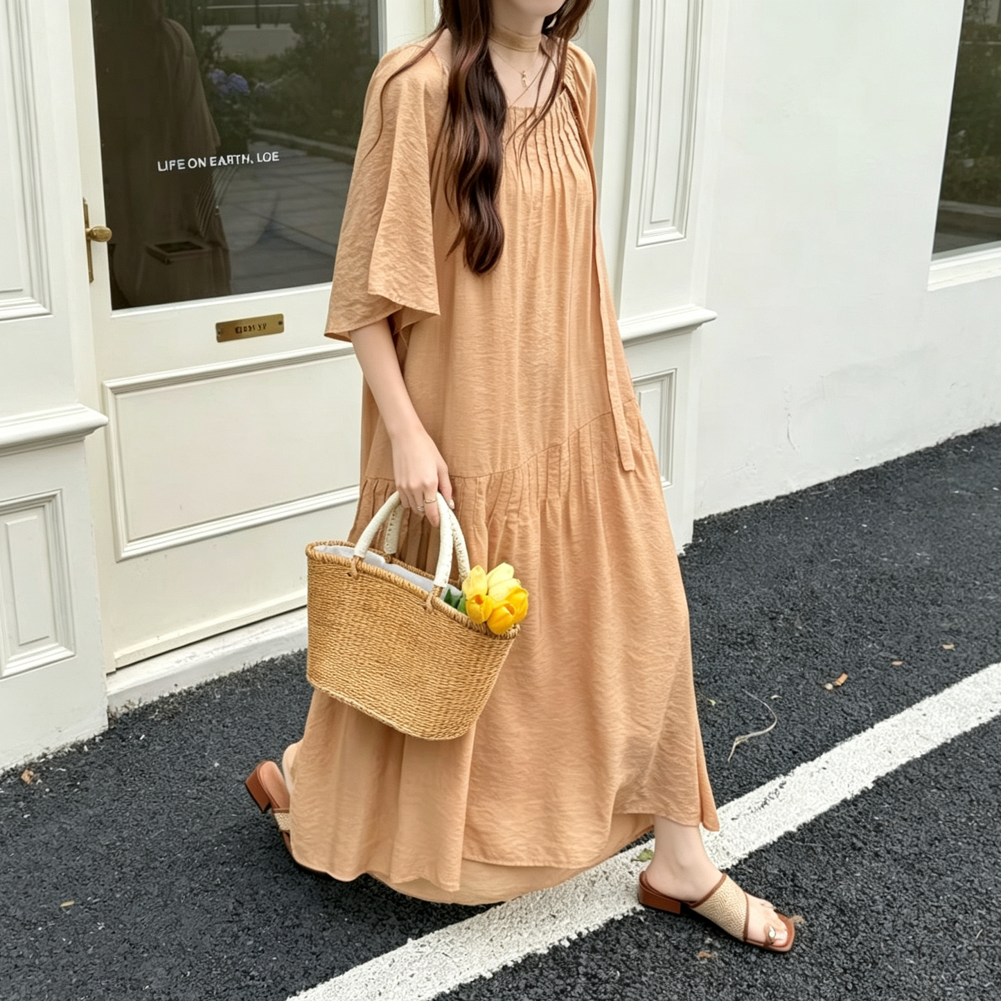 【ワンピース】韓国風 半袖 オフショルワンピース レディース ロング丈 ゆったり ウエストリボン 大きいサイズ【JZシリーズ】