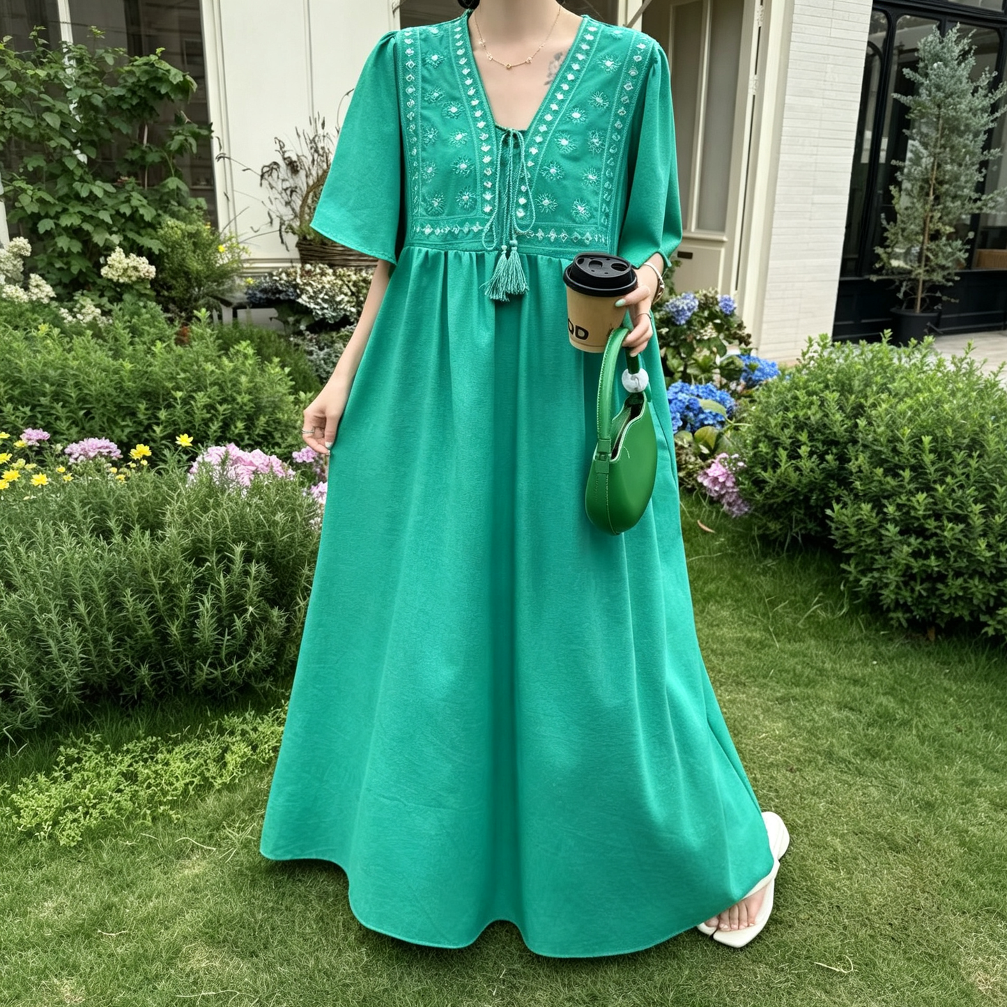 【ワンピース】新中華風 刺繍ワンピース レディース 半袖 ハイウエスト ロング丈 ゆったり 体型カバー【JZシリーズ】