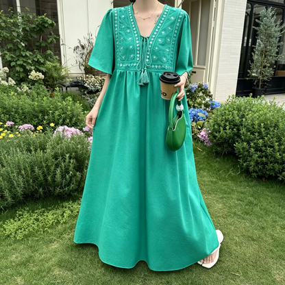 【ワンピース】新中華風 刺繍ワンピース レディース 半袖 ハイウエスト ロング丈 ゆったり 体型カバー【JZシリーズ】