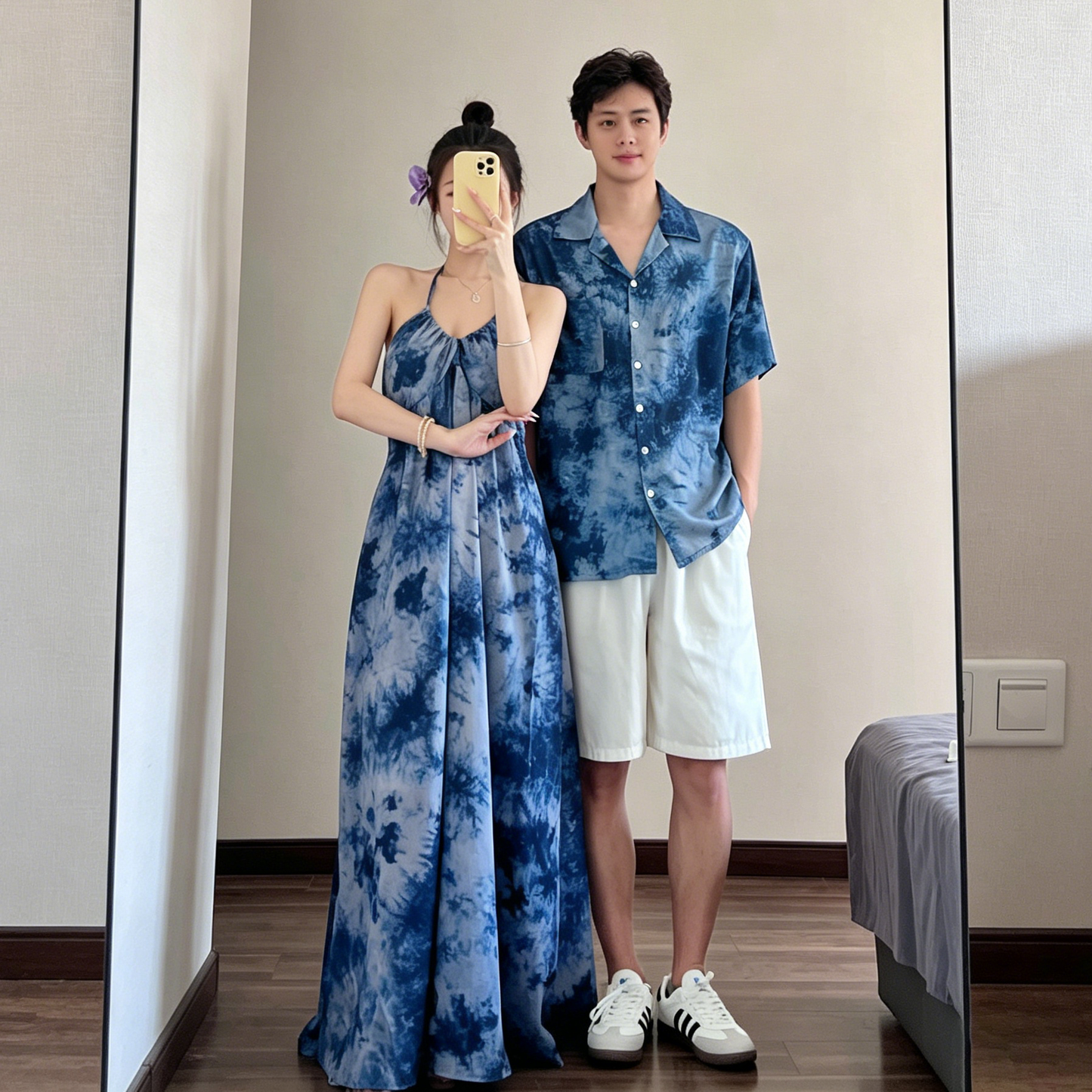 💕カップルコーデ【ワンピース】リゾート風 タイダイ染め ホルターネック ノースリーブ ワンピース＆シャツ ペアルック【SHシリーズ】