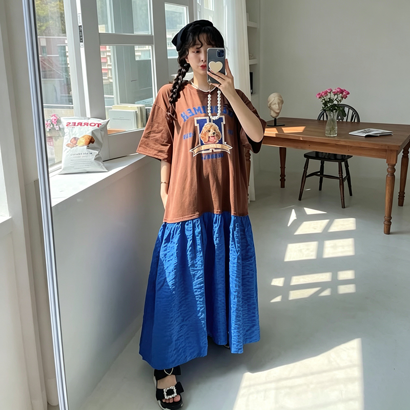 【ワンピース】韓国風 プリント配色ワンピース レディース 半袖 ゆったり カジュアル 体型カバー 夏ワンピース【JZシリーズ】