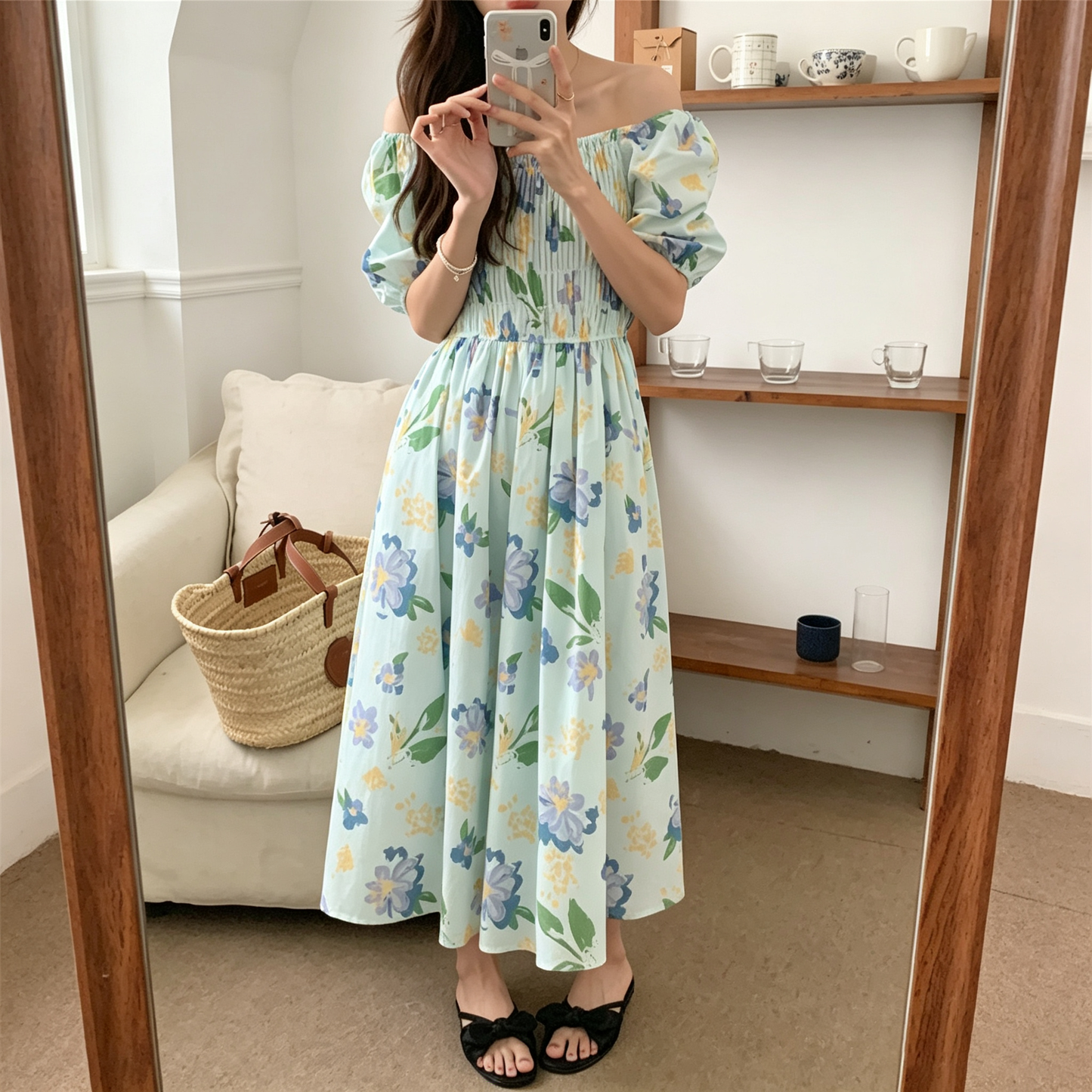 【ワンピース】大人フェミニン 花柄オフショルワンピース レディース 2WAY着用 パフ袖 くしゅくしゅデザイン 細見え 夏コーデ【SHシリーズ】