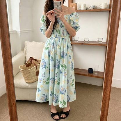 【ワンピース】大人フェミニン 花柄オフショルワンピース レディース 2WAY着用 パフ袖 くしゅくしゅデザイン 細見え 夏コーデ【SHシリーズ】