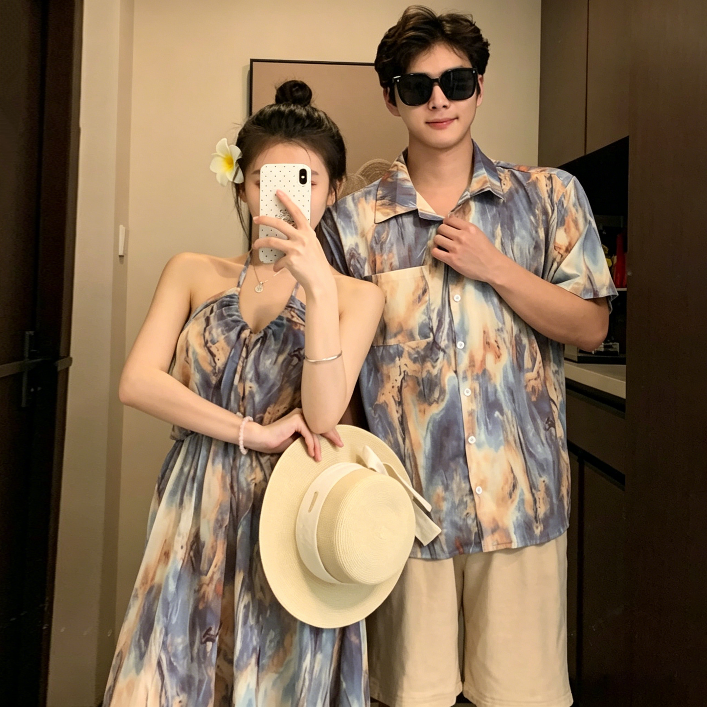 💕カップルコーデ【ワンピース】海辺リゾート風 ホルターネック キャミワンピース＆シャツ ノースリーブ おしゃれワンピース ペアルック【SHシリーズ】