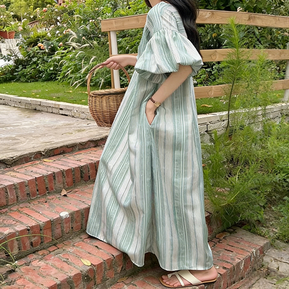 【ワンピース】韓国風 春夏新作 縦縞柄 ゆったりサイズ レディース バルーンスリーブ ワンピース【SHシリーズ】