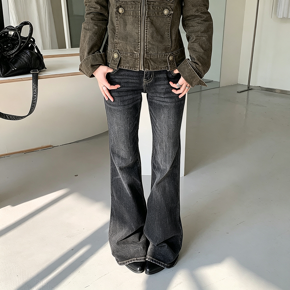 【ボトムス】ウォッシュ加工フレアデニム レディース 春秋新作 ブラック ヴィンテージ風 美脚見え【FCシリーズ】