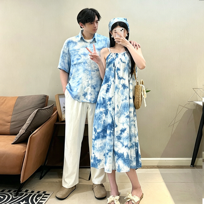 💕カップルコーデ【ワンピース】夏新作 リゾート風 タイダイ染め ペアルック ワンピース＆シャツ ビーチ ノースリーブ 個性デザイン ペアルック【SHシリーズ】