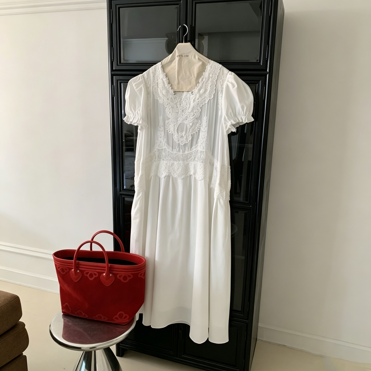 【ワンピース】レトロ レース切替パフスリーブワンピース レディース 高見え ゆったり 着痩せ ロング丈 夏ワンピース【JZシリーズ】