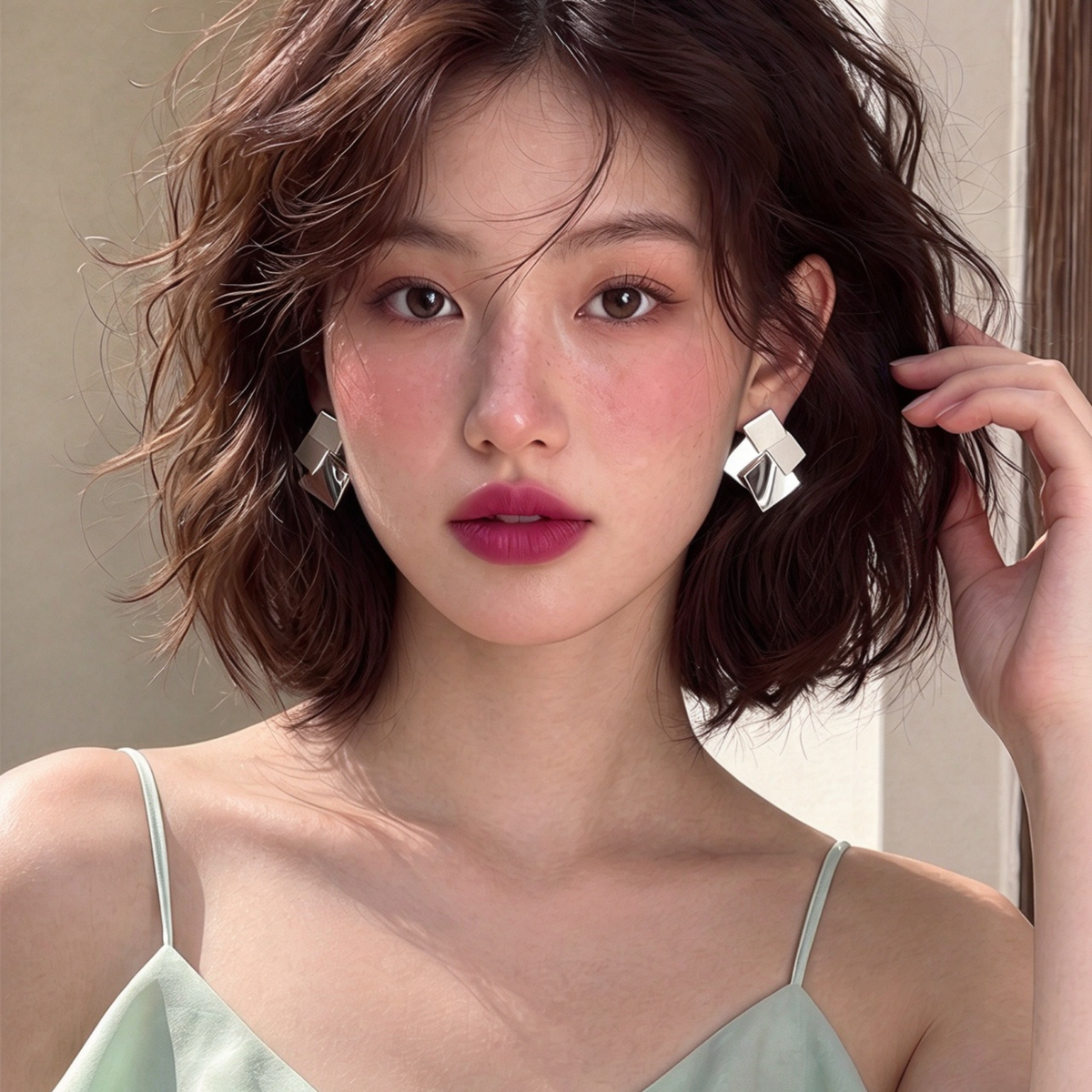 【グッズ】韓国風多層折り菱形ピアス レディース レトロ モード 個性的 大ぶり 上品