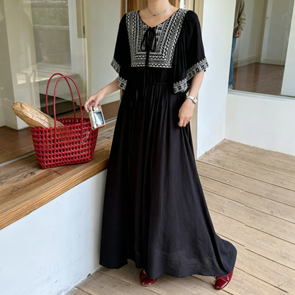【ワンピース】リゾート風 刺繍ロングワンピース レディース マキシ丈 体型カバー ゆったり 美シルエット【JZシリーズ】