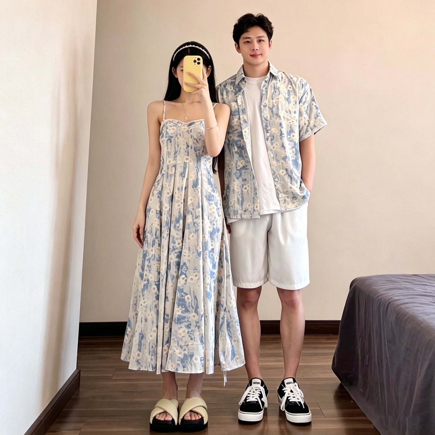 💕カップルコーデ【ワンピース】2026春夏 高級感 ノースリーブワンピース＆シャツ 海辺風 キャミワンピース ペアルック【SHシリーズ】