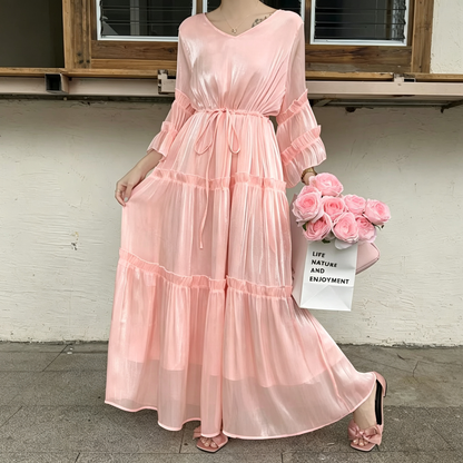【ワンピース】体型カバー ワンピース レディース パープル ロング丈 ゆったり ウエストマーク 大きいサイズ【JZシリーズ】
