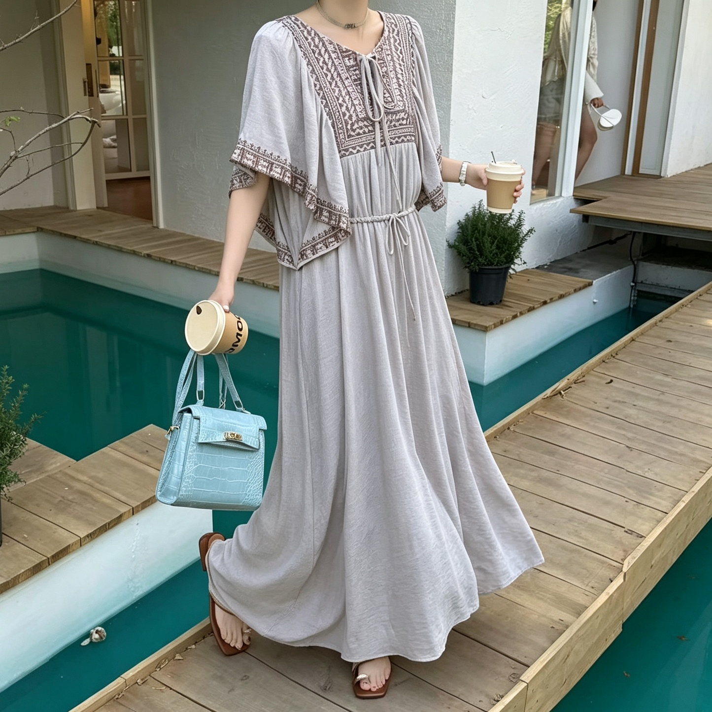 【ワンピース】大人リゾートワンピース レディース 刺繍デザイン Vネック マキシ丈 ゆったり 着痩せ【JZシリーズ】