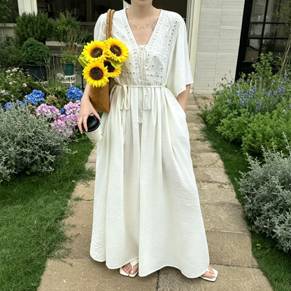 【ワンピース】新中華風 刺繍ワンピース レディース 半袖 ハイウエスト ロング丈 ゆったり 体型カバー【JZシリーズ】