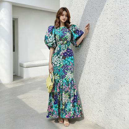 【ワンピース】大人可愛い デイジー柄ワンピース レディース ボリューム袖 Aライン ロングワンピース レトロ 夏コーデ【SHシリーズ】