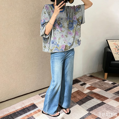 【トップス】レトロ花柄Tシャツ レディース 夏 半袖 ヴィンテージ風 ウォッシュ加工 ゆるトップス 大人カジュアル【JZシリーズ】